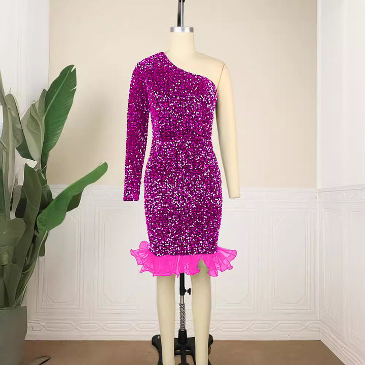 Damen Glitzerndes Abendkleid mit asymmetrischem Schnitt und Rüschenabschluss Drune
