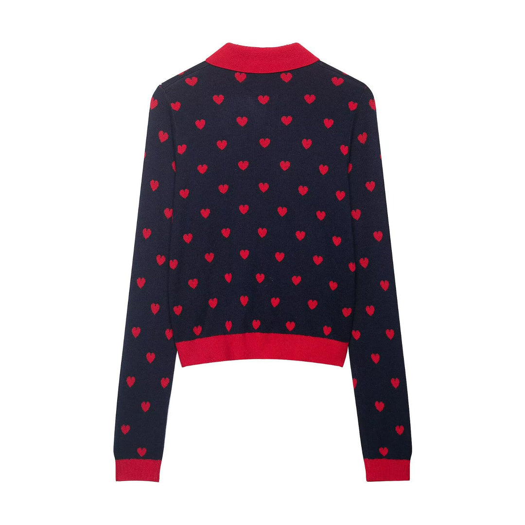 Damen Kurze Strickjacke im Cardigan‑Stil mit Herz‑Jacquard und Reverskragen Drune