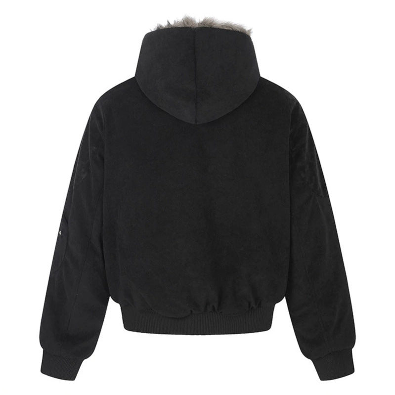 Damen Oversize Velours-Bomberjacke mit Kapuze, Kunstfellfutter und Reißverschluss-Front Drune