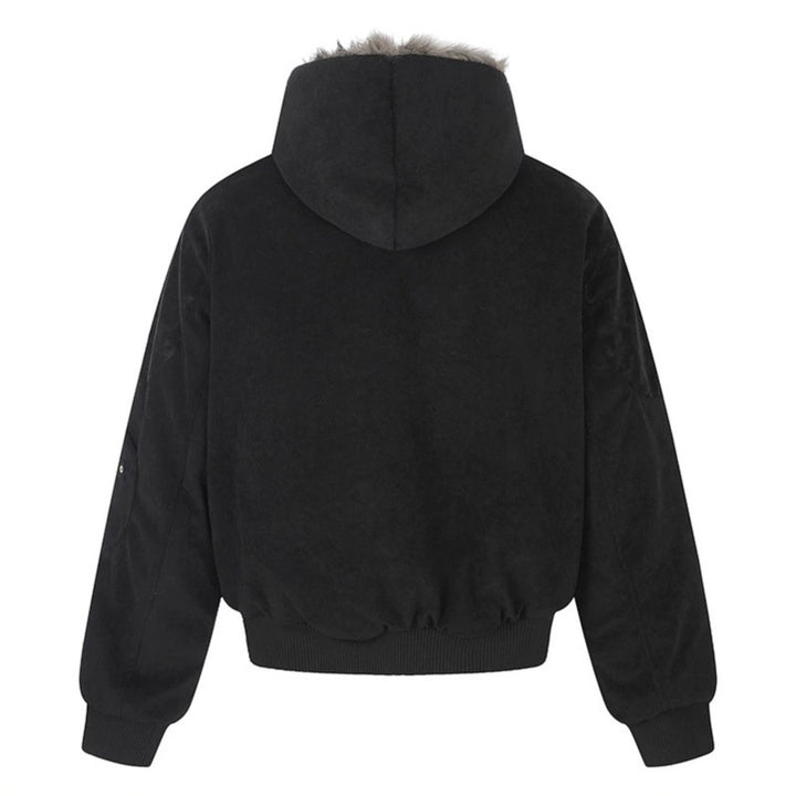 Damen Oversize Velours-Bomberjacke mit Kapuze, Kunstfellfutter und Reißverschluss-Front Drune