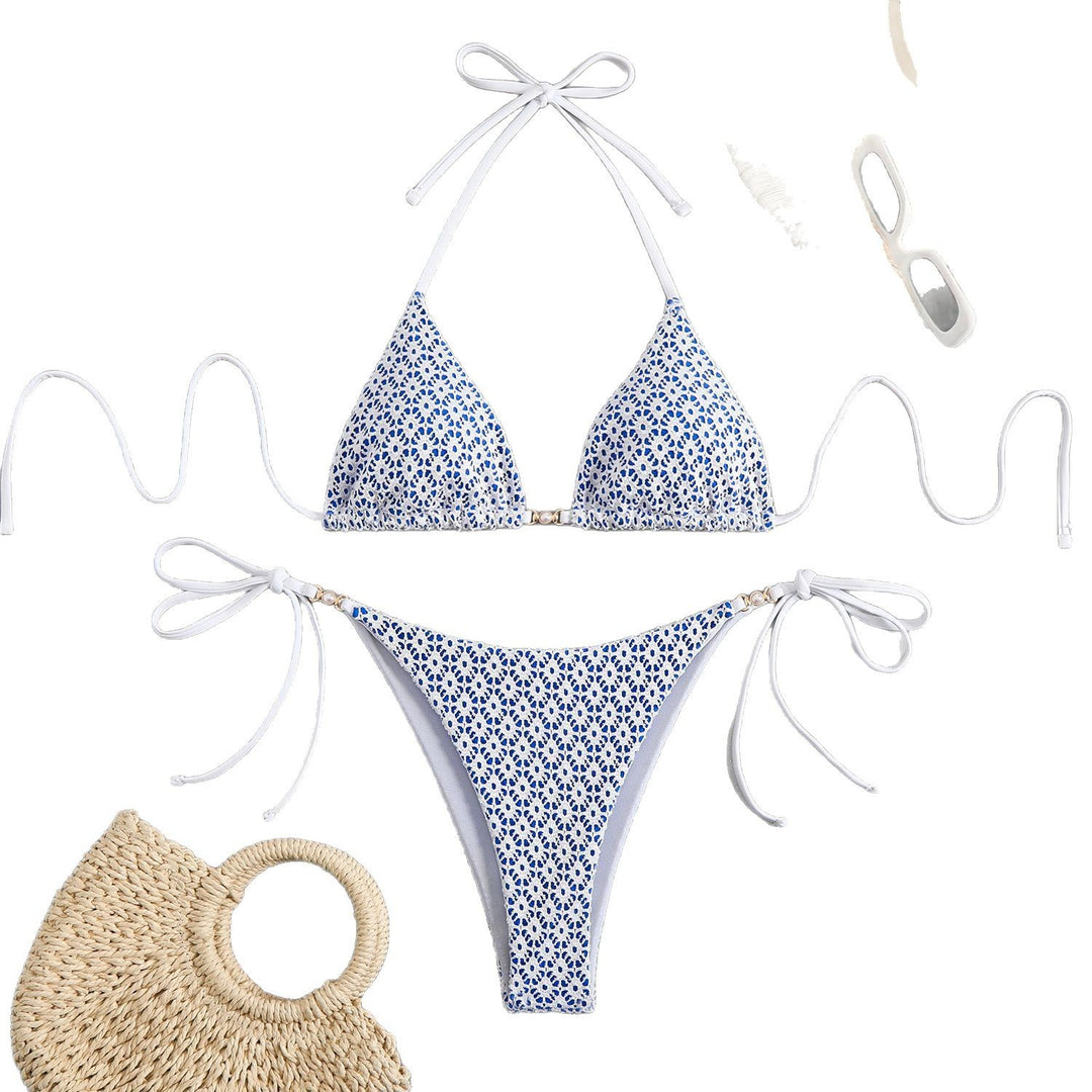 Damen Triangel-Bikini-Set mit floralem Muster und raffinierten Bändern Drune