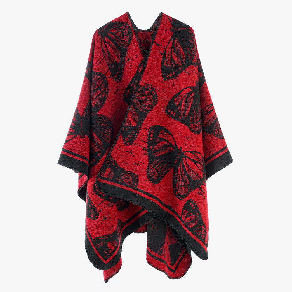 Damen Oversize-Stricküberwurf im Jacquard mit Schmetterlingsmotiv und kontrastierter Saumkante Drune