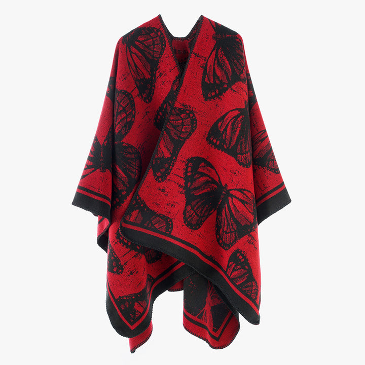 Damen Oversize-Stricküberwurf im Jacquard mit Schmetterlingsmotiv und kontrastierter Saumkante Drune