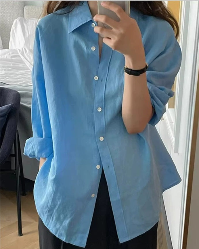 Damen Locker geschnittene Leinen‑Hemdbluse mit kastiger Silhouette und abgerundetem Saum Drune