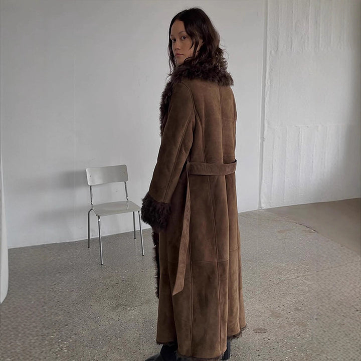 Damen Maxilanger Kunstvelours-Mantel im Shearling-Stil mit Schalkragen und Knopfleiste Drune