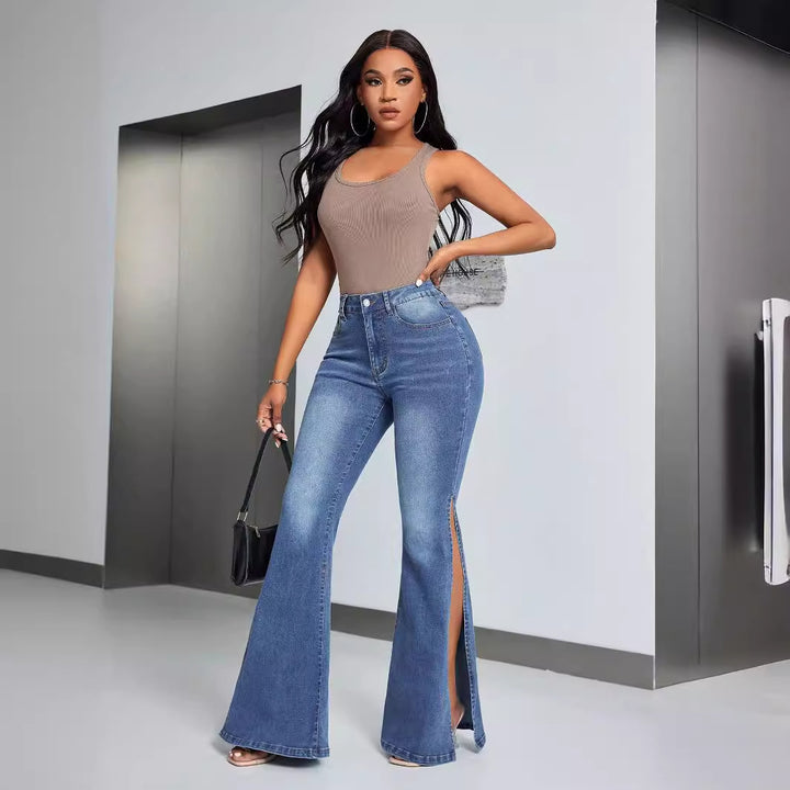 Damen elegante High-Waist Flared Jeans mit seitlichen Schlitzen Drune