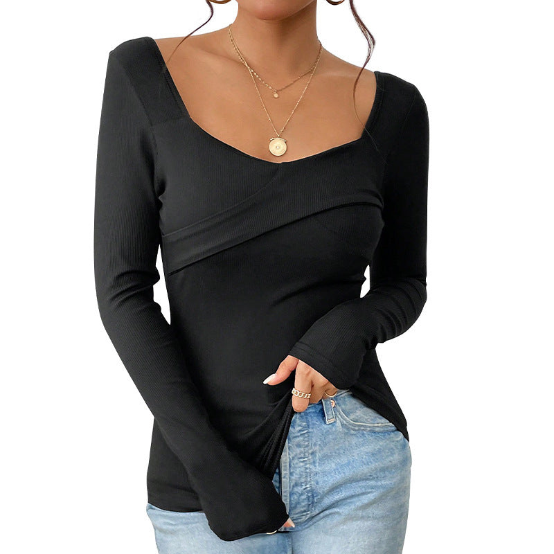Damen Tailliertes Rippshirt mit quadratischem Dekolleté und Überlappungsdetail Drune