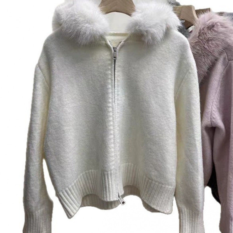 Damen Kapuzenpullover mit luxuriösem Pelzkragen und praktischen Taschen Drune