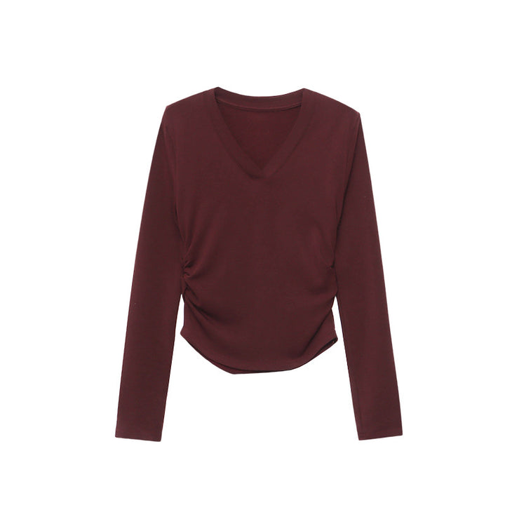 Damen figurbetontes Longsleeve-Oberteil mit tiefem V-Ausschnitt und Raffung Drune