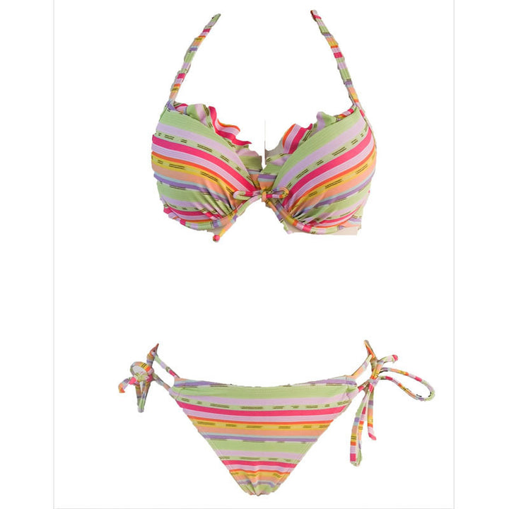 Damen Bikiniset mit farbenfrohem Streifenmuster und dekorativen Rüschen Drune
