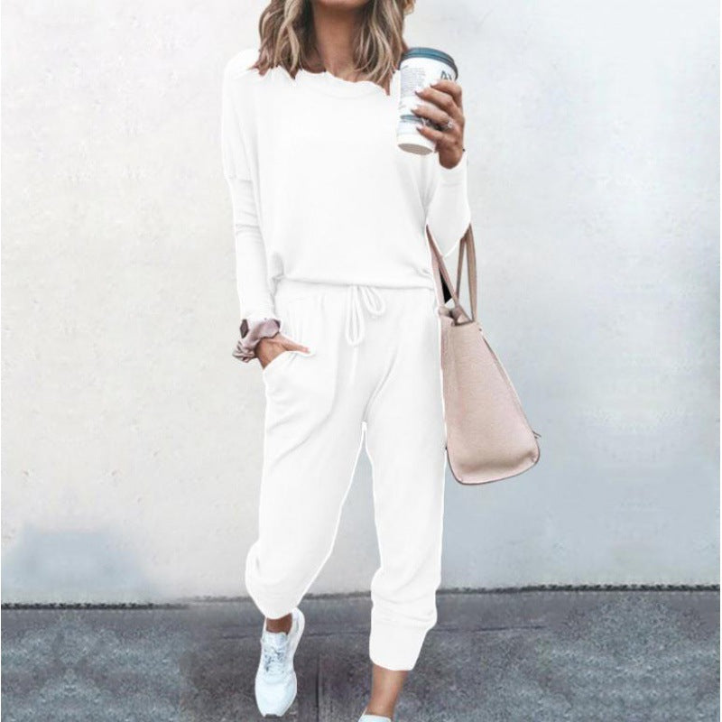 Damen Lässiges Lounge-Set mit Rundhalsausschnitt, Kordelzug-Hose und Bündchen Drune
