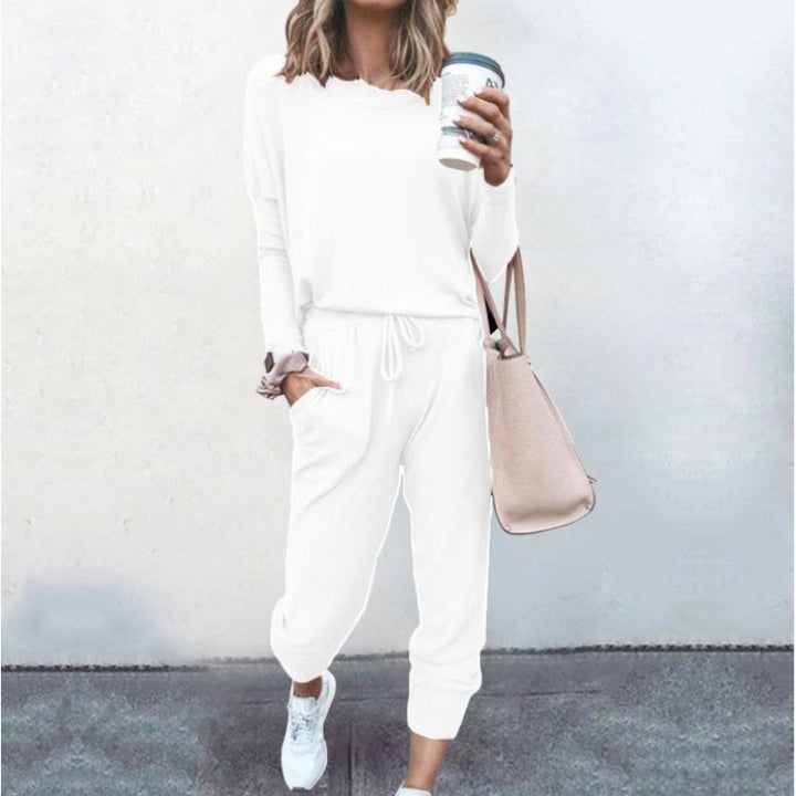 Damen Lässiges Lounge-Set mit Rundhalsausschnitt, Kordelzug-Hose und Bündchen Drune
