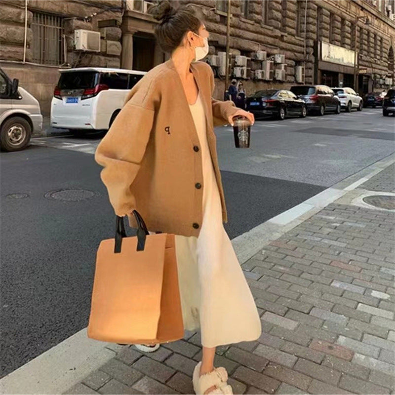 Damen Oversized Strickjacke mit modischem Kragen und praktischen Taschen Drune