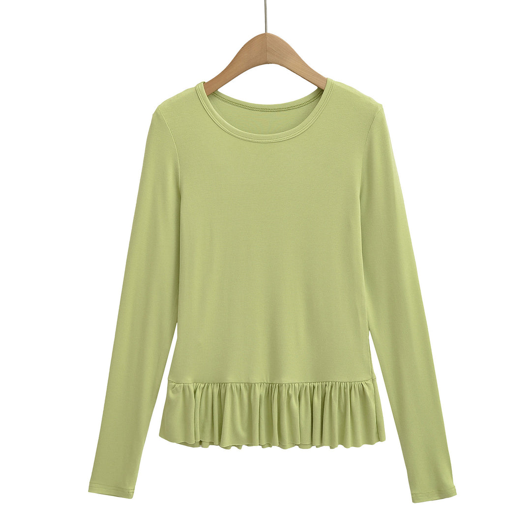 Damen Longsleeve Top mit Rüschensaum und Rundhalsausschnitt Drune