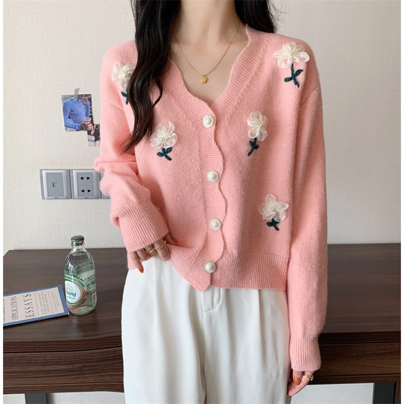 Damen verspielte Strickjacke mit Blumenstickerei und Perlenknöpfen Drune