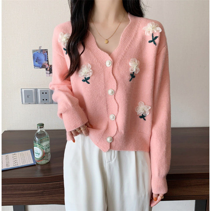 Damen verspielte Strickjacke mit Blumenstickerei und Perlenknöpfen Drune