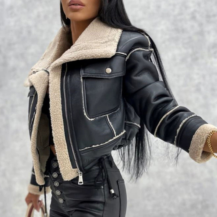 Damen cropped Bikerjacke mit Lammfell Drune
