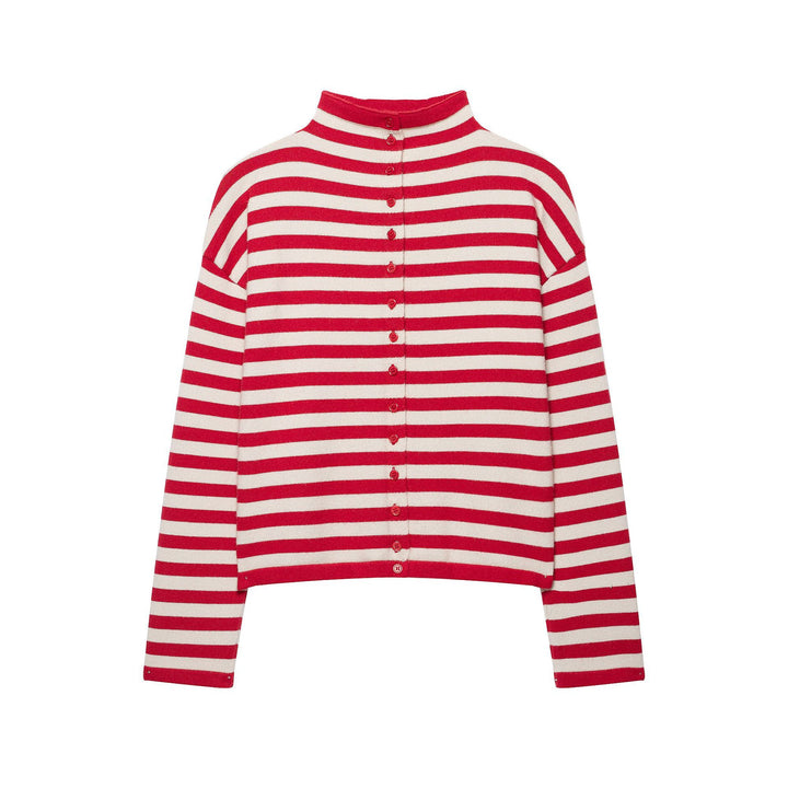 Damen Gestreifte Cropped-Strickjacke mit Stehkragen und durchgehender Knopfleiste Drune