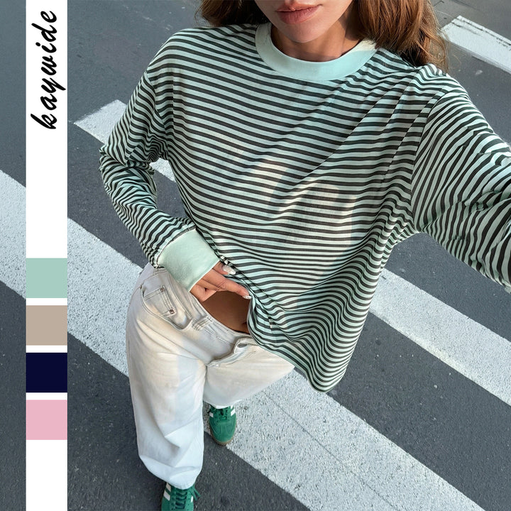 Damen nan lässiges gestreiftes Oversize-Longsleeve mit kontrastierendem Rundhalsausschnitt und verlängertem Rückensaum Drune