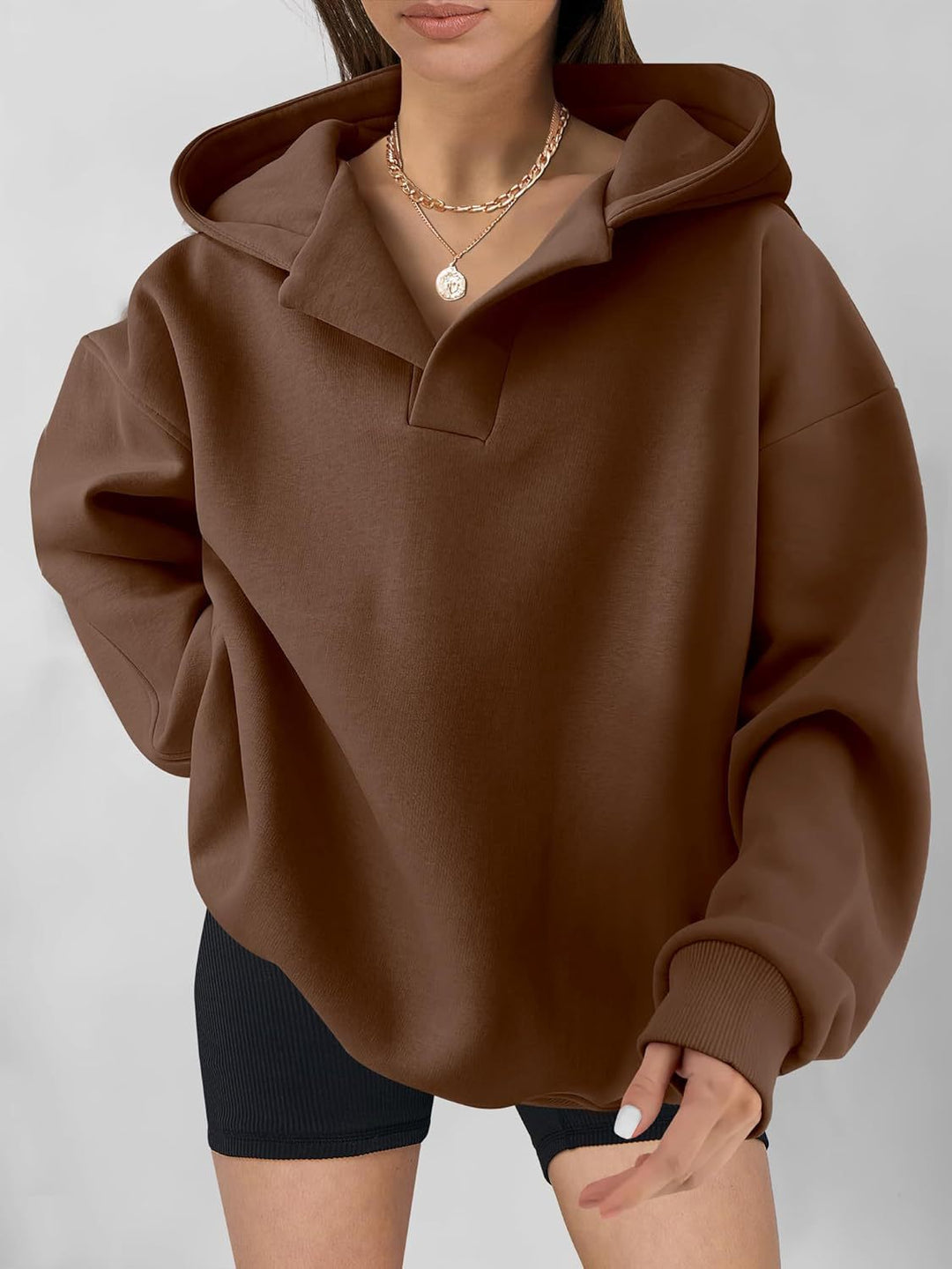 Damen Oversize-Kapuzenpullover mit V-Öffnung, tiefer Schulternaht und gerippten Bündchen Drune