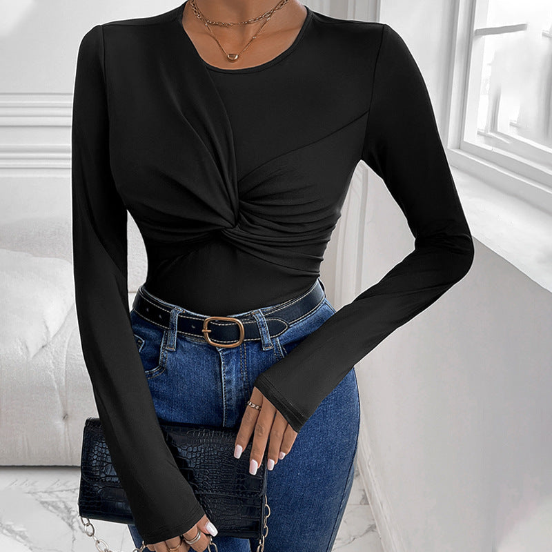 Damen Figurbetontes Twist-Longsleeve mit Knotendetail und Rundhalsausschnitt Drune