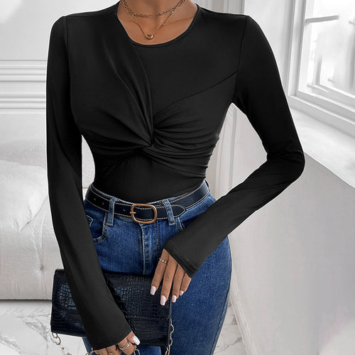 Damen Figurbetontes Twist-Longsleeve mit Knotendetail und Rundhalsausschnitt Drune