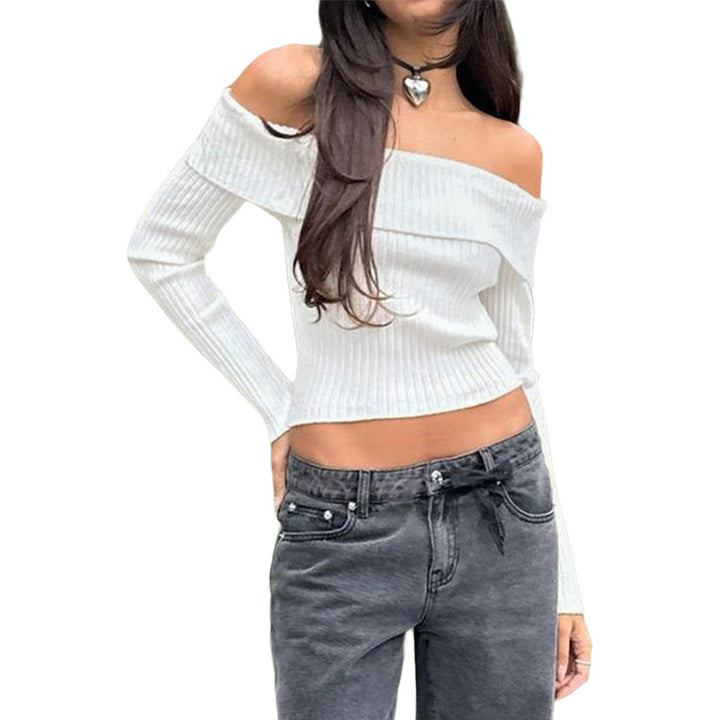 Damen Schulterfreies Rippstrick-Cropped-Top mit taillierter Passform und langen Ärmeln Drune