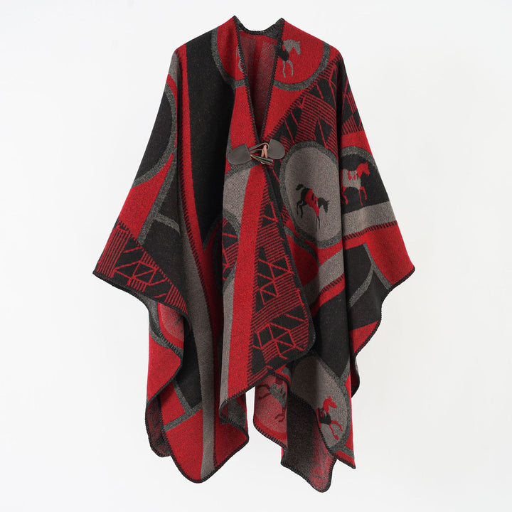 Damen Wollmix-Jacquard-Ruana mit Pferdemotiv, Knebelverschluss und offener Kimono-Silhouette Drune