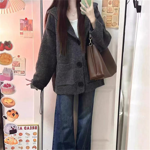 Damen oversized Strickjacke mit großem Revers und Knopfverschluss Drune