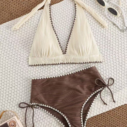 Damen Bikini-Set mit tiefem V-Ausschnitt und hoch taillierter Hose Drune