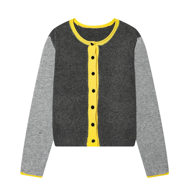 Damen nan kurze zweifarbige Wollcardigan mit kontrastierter Knopfleiste geripptem Saum und Hornknöpfen Drune