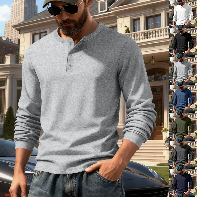 Herren nan tailliertes Langarm-Henleyshirt mit Stehkragen, feinem Baumwollstretch und Rippbündchen Drune