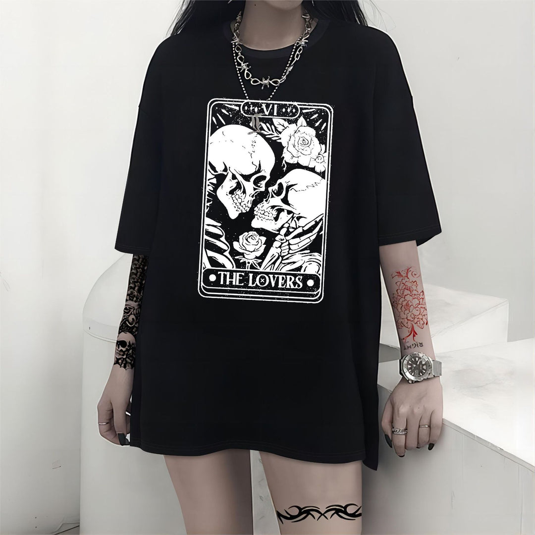 Damen T-Shirt mit künstlerischem Skelettmotiv und einzigartigem Druck Drune