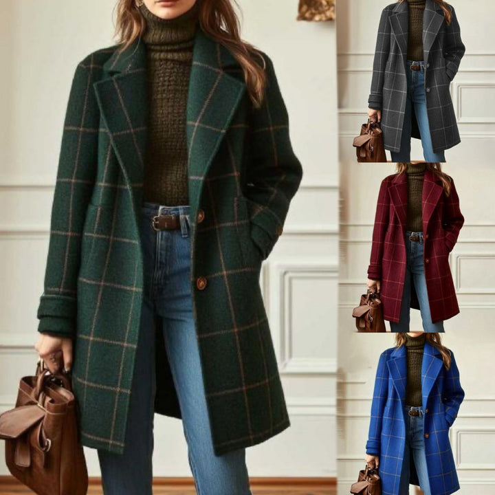 Damen nan karierter Wollmix Mantel mit Reverskragen, aufgesetzten Taschen und taillierter Silhouette Drune