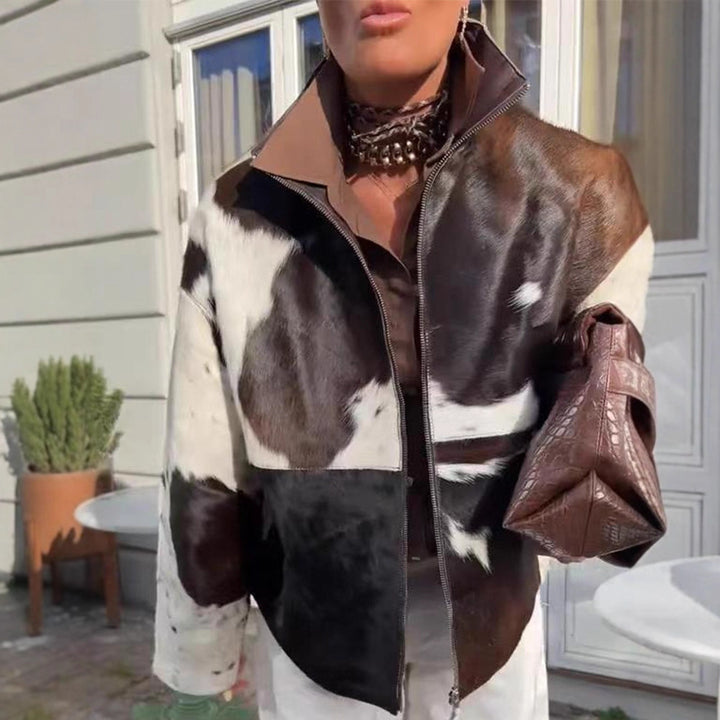 Damen Kurzjacke aus Haarigem Kunstfell mit Patchwork‑Optik und hohem Stehkragen Drune