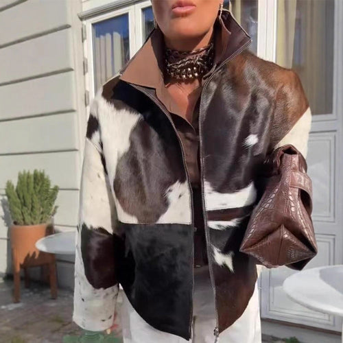 Damen Kurzjacke aus Haarigem Kunstfell mit Patchwork‑Optik und hohem Stehkragen Drune