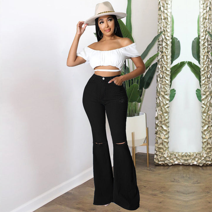 Damen Hochtaillierte Schlaghose aus Stretch‑Denim mit Knieausrissen und formendem Bund Drune