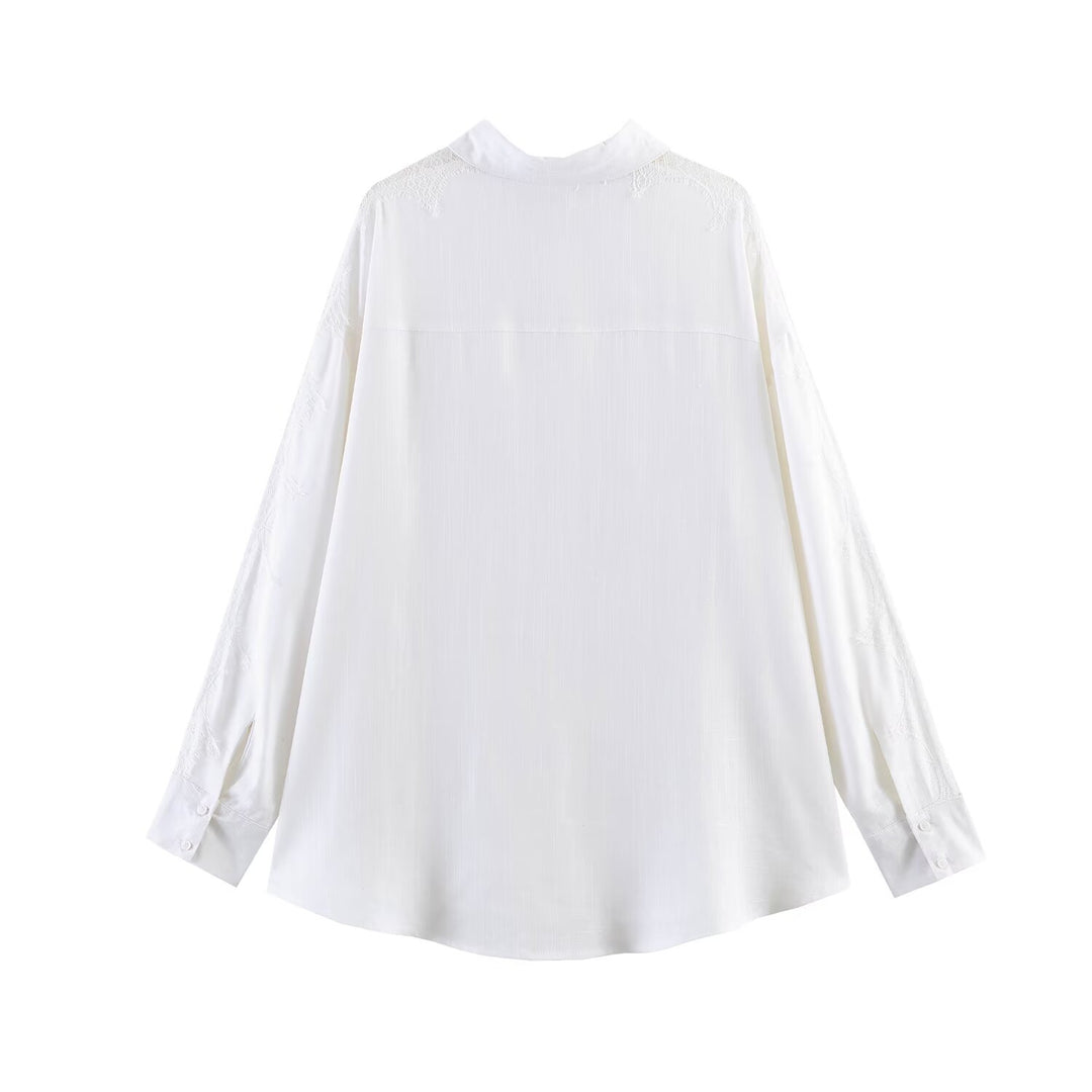 Damen Oversize-Hemdbluse mit Spitzenapplikation und klassischem Kragen Drune