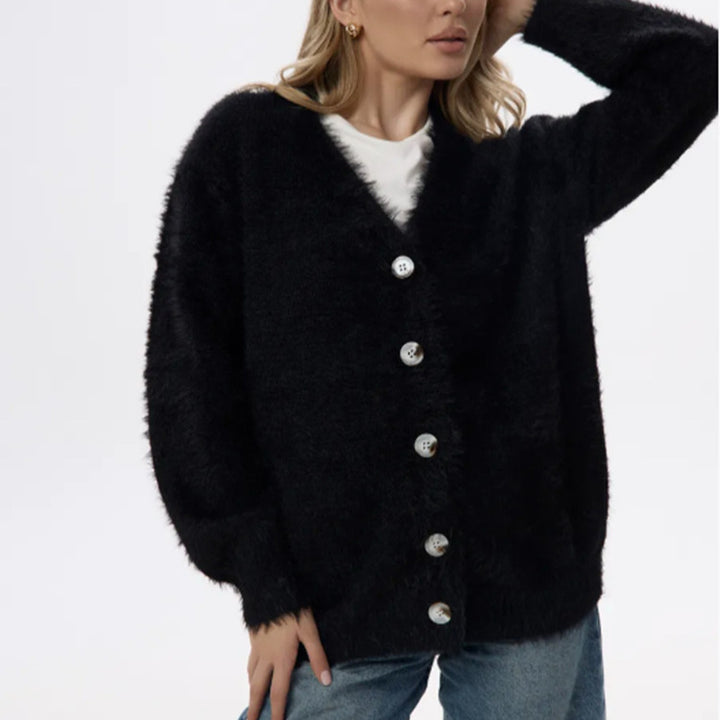 Damen Flauschiger Mohair‑Optik Knopfcardigan mit überschnittener Schulter und Perlmuttknöpfen Drune