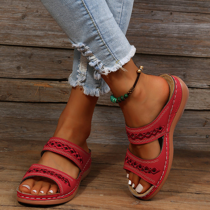 Damen Komfort-Sandalen mit doppeltem Riemen, Stickerei und gepolstertem Fußbett Drune