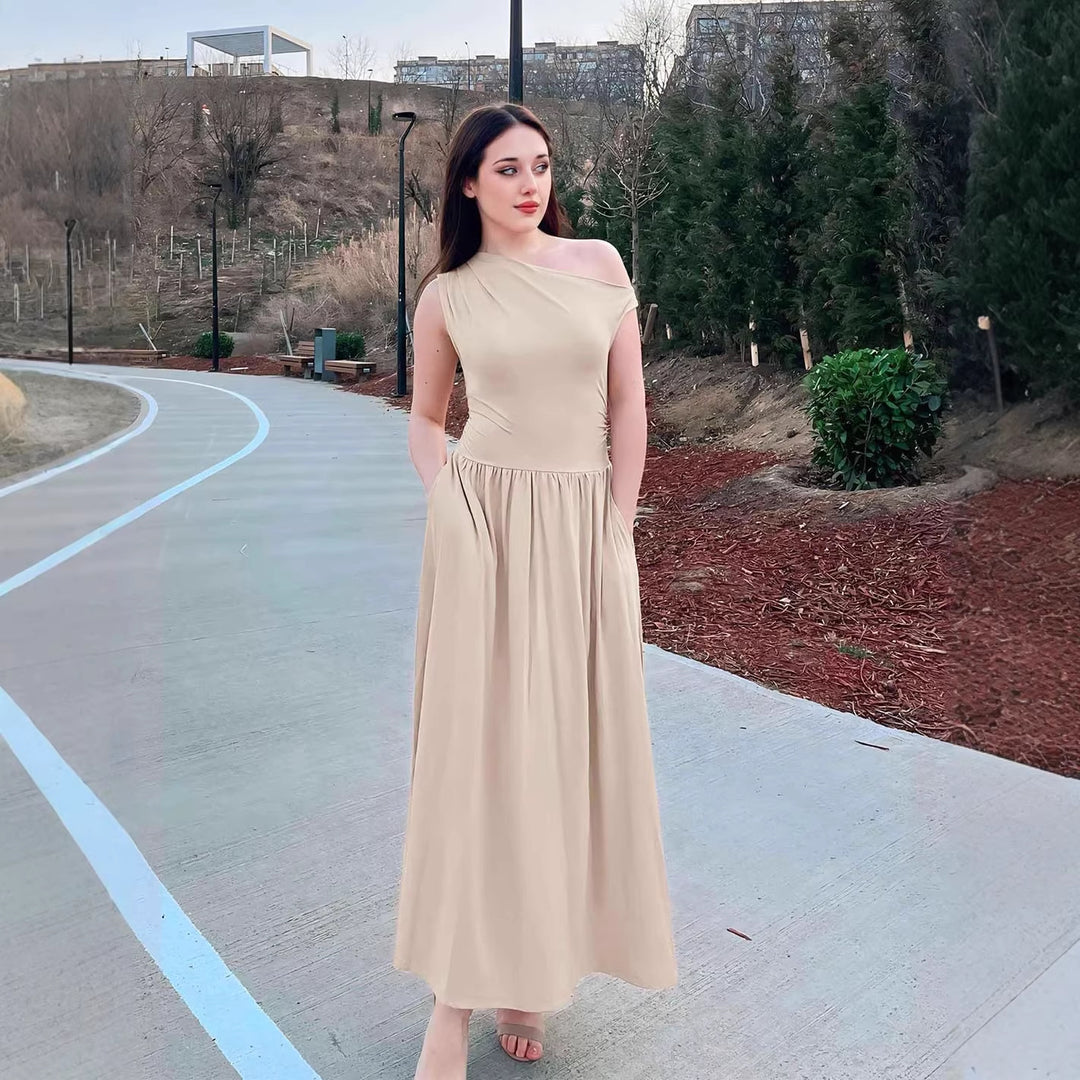 Damen Asymmetrisches Maxikleid mit One-Shoulder, Taillenbetonung und Seitentaschen Drune