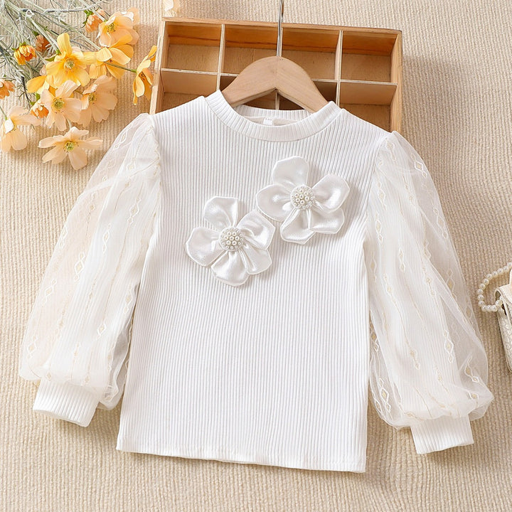 Mädchen modische Bluse mit transparenten Puffärmeln und floralen Akzenten Drune
