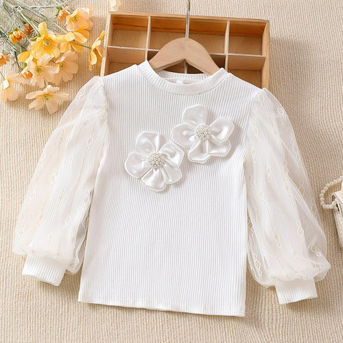 Mädchen modische Bluse mit transparenten Puffärmeln und floralen Akzenten Drune