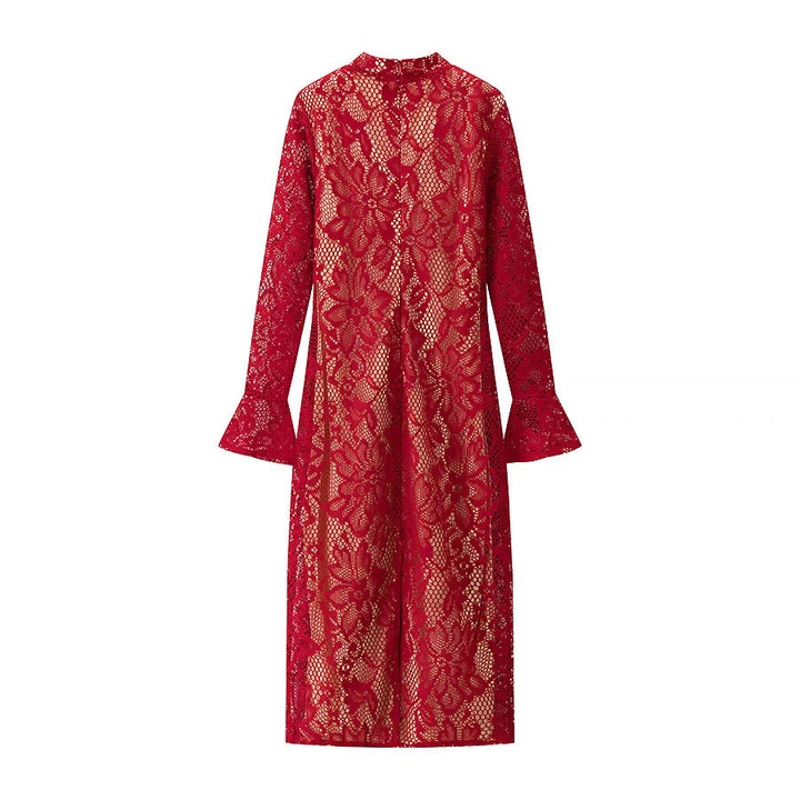 Damen nan florales Spitzen-Midikleid mit gefüttertem Nude-Unterkleid, Stehkragen, V-Schlitz und Glockenärmeln Drune