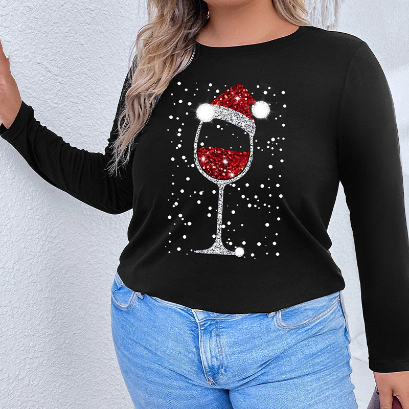 Damen Langarmshirt mit funkelndem Weihnachts-Weinglas-Print Drune