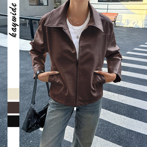 Damen nan elegante Kunstlederjacke mit Reißverschluss, Hemdkragen und Eingrifftaschen Drune