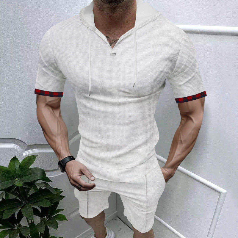 Herren nan sommerliches Kapuzen-Lounge-Set in leichter Waffelstruktur mit Kurzarm-Hoodie Henley-Öffnung und Komfort-Shorts Drune