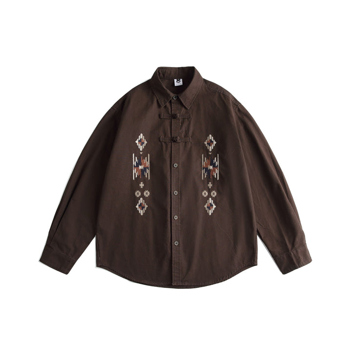 Herren Besticktes Overshirt im Chinoiserie‑Look mit Frog‑Verschlüssen und weitem Schnitt Drune