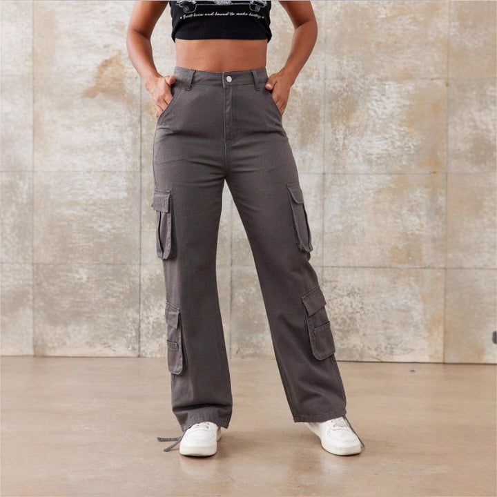 Damen Utility-Cargo-Hose mit weitem Bein, Mehrfach-Taschen und taillenhoher Passform Drune