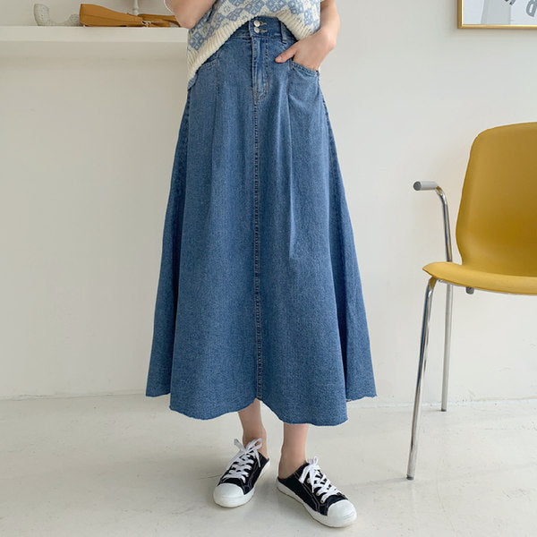 Damen Langer Jeans-Culotte-Rock mit hoher Taille, kastiger A-Linien-Silhouette und Eingrifftaschen Drune